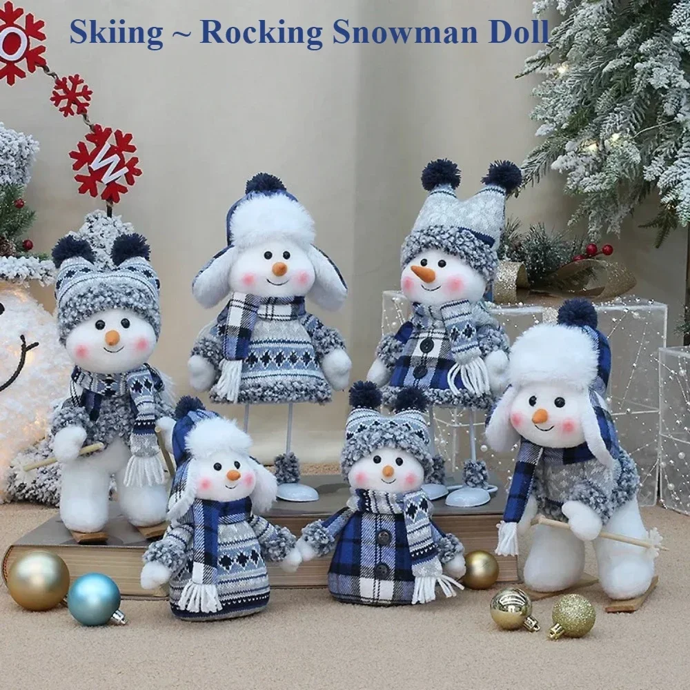 New Snowman Figure Christmas Decoration Blue Cloth Snowman Ski Cute Plush Doll Living Room Bedroom Desktop Christmas Decoration