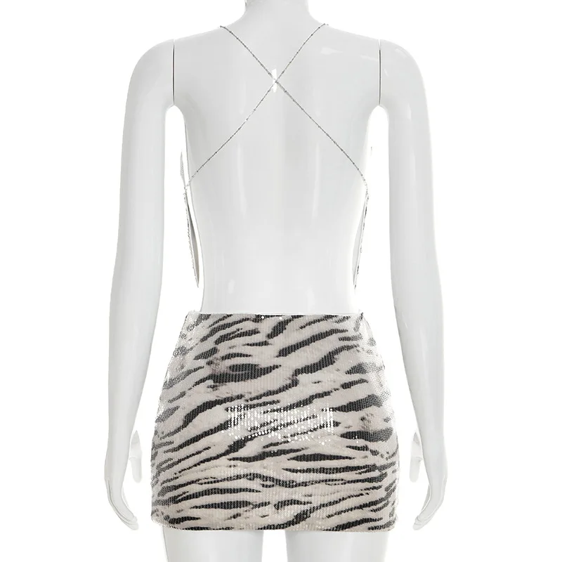 Zebra Striped Sexy Sequins 2 Piece Set Women Summer Swing Collar Backless Y2K Crop Top Mini Skirt Bodycon Matching Sets Outfit view 6