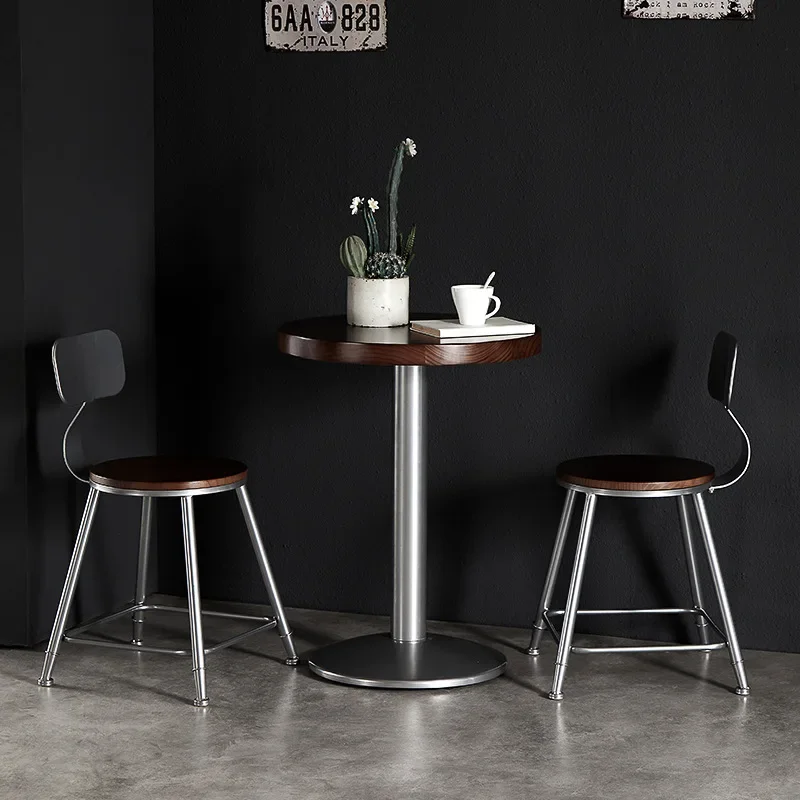 Chaise Haute de Bar en Fer Forgé et Bois Massif, avec Dossier, Moderne et Minimaliste