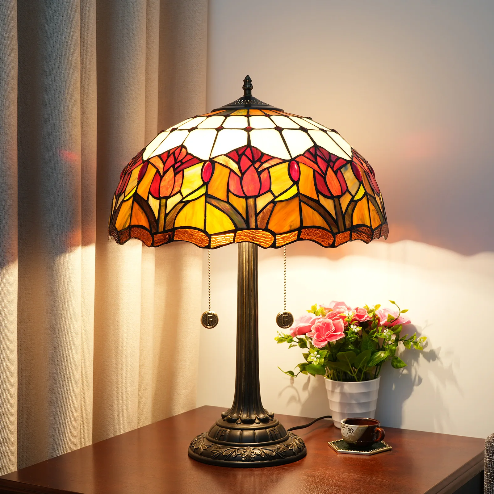 Диаметр 40 см, витражная настольная лампа Тиффани, американский кантри, красный тюльпан, декор, абажур, светильник для спальни, прикроватная настольная лампа