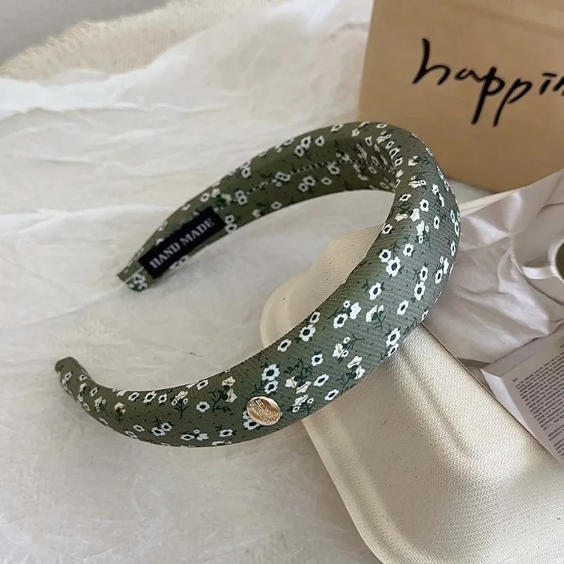 Green Retro Korean Type Floral Sponge Headband Elegant Fashion Printed High Skull Top Hair hoop Versatile Hair Clip