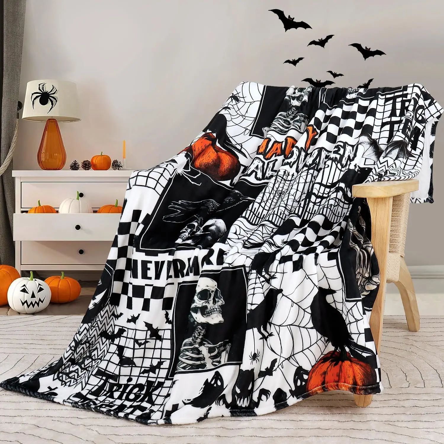 Halloween Black Gothic Throw Blanket Pumpkin Crow Festival Themed Blanket Cat Bat Skull Blankets Soft Cozy Flannel Fleece