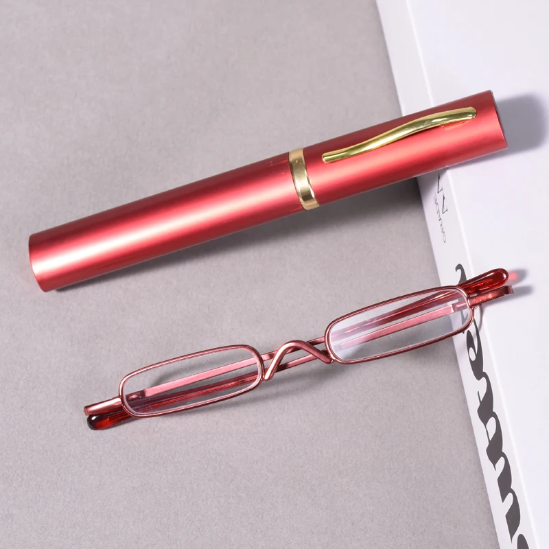 Rote Rahmen-Lesebrille mit Federbügel und tragbarem Etui, schlanke Lesebrille mit Stiftetui