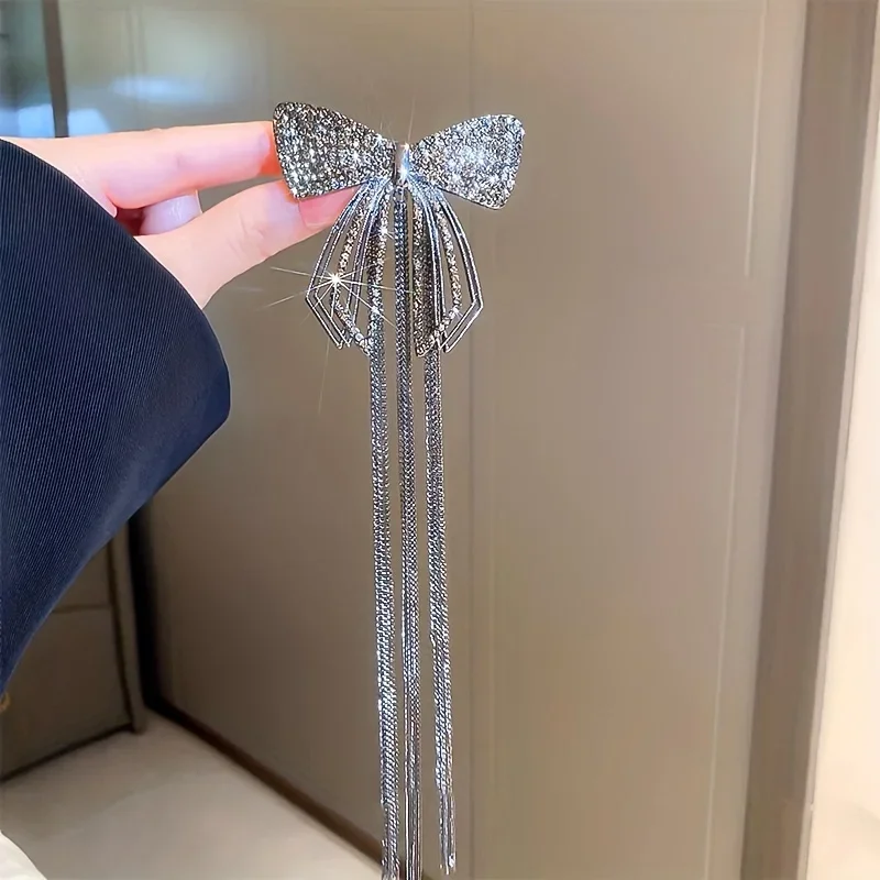 1 piece girls super fairy beauty senior sense of diamond bow tassel hair clips female back of the head half tie hair spring clip