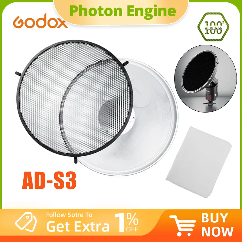 

Рефлектор Godox AD-S3 Beauty Dish с сотовой решеткой для вспышек Godox Witstro AD200, Godox AD180, AD360, AD360II