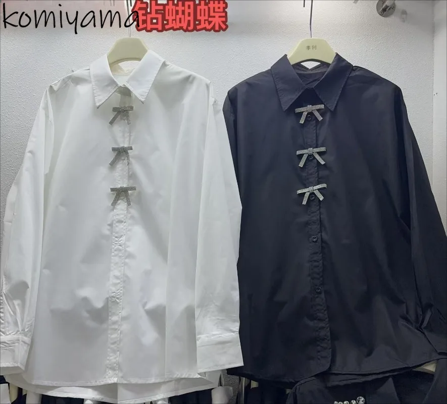 

Рубашки и блузки с бриллиантами и бантом, однобортные Blusas, 2021, женские майки с лацканами и длинными рукавами, Ropa Mujer, новая весенняя женская одежда