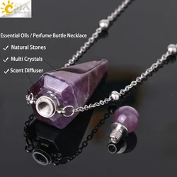 Amatista collar de cuarzo real natural original collares de cristal de cono de piedra Natural, colgantes de botella de Perfume curativo, difusor de frasco de aceite esencial de Reiki, collar de dijes cuarzo blanco