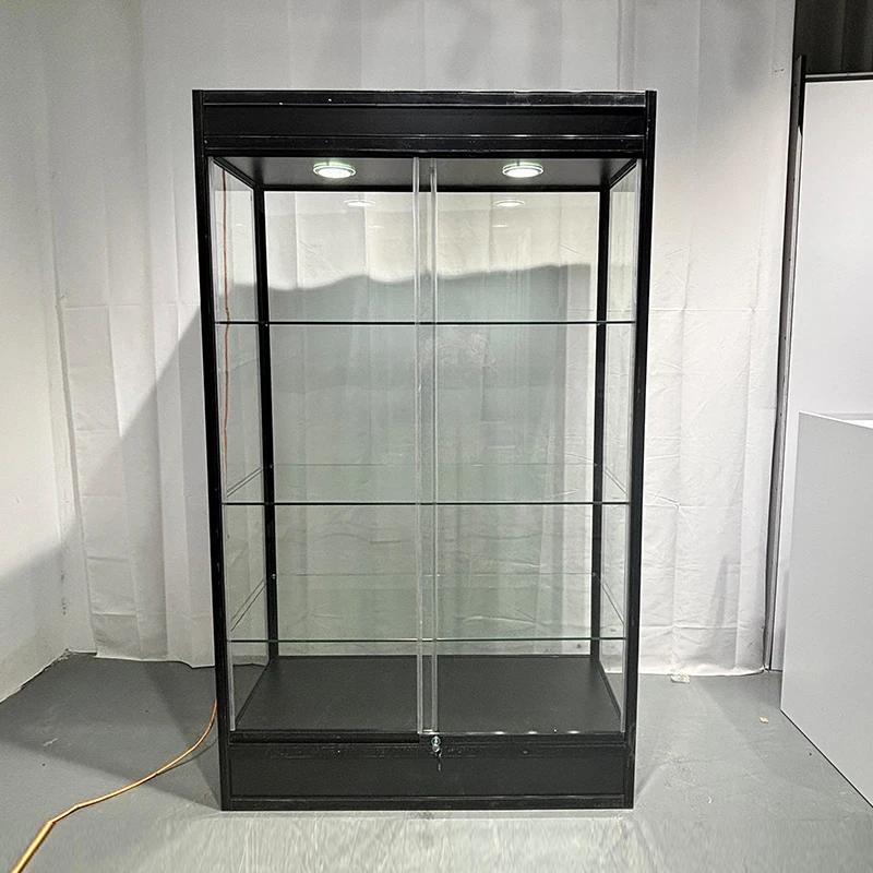 Glass 3-Shelf Display Showcase with Black Aluminum Frame Lockable Display Showcase With Light