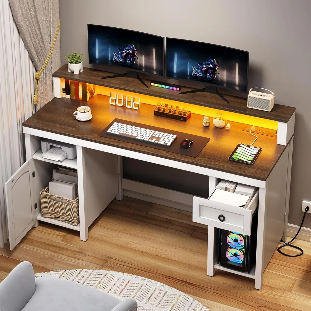 

Farmhouse Office Desk with Drawer & Power Outlets, Wood Computer Desk w/LED Strip & Monitor Stand for Bedchamber Study, Hom