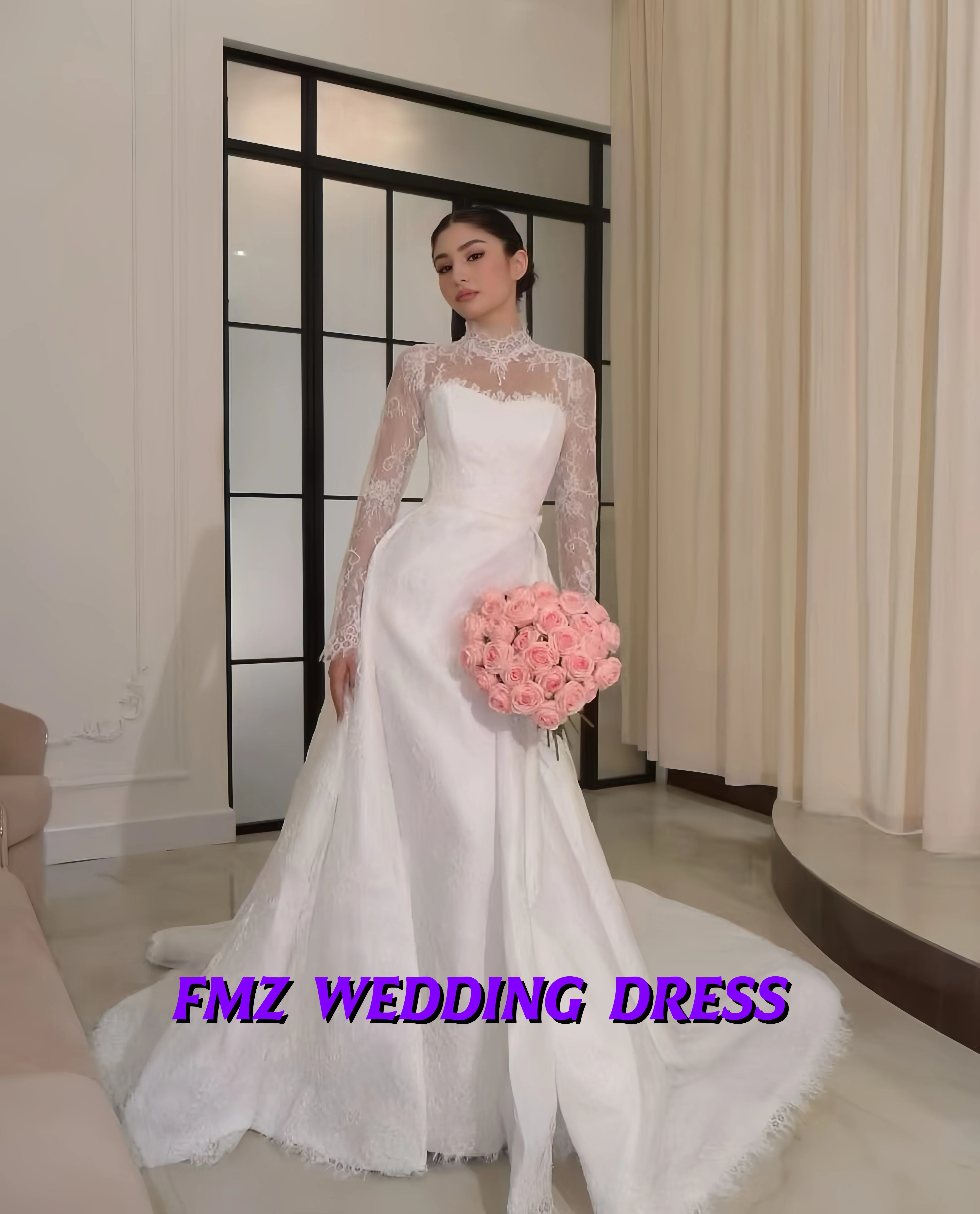 

Элегантное свадебное платье по индивидуальному заказу с высоким воротником и длинными рукавами, русалка со съемным хвостом, свадебное платье de mariee, платья de novia