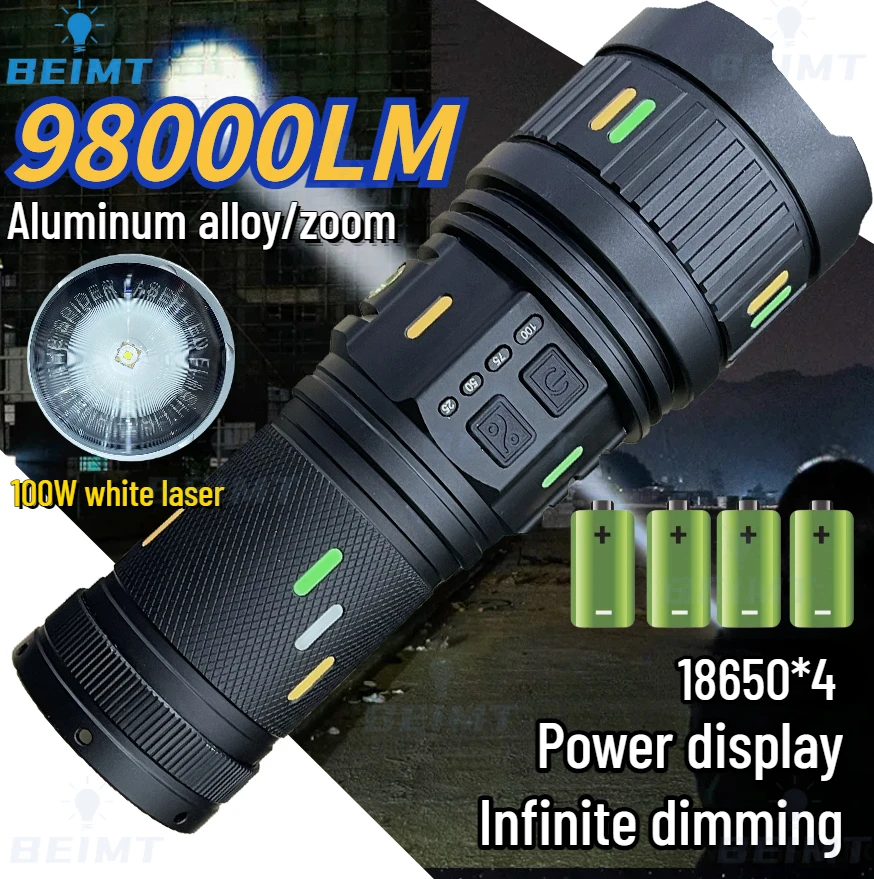 

10000MAH Powerful 100W 98000LM Flashlight Portable Torch Outdoor Long Distance Strong Light Mechanical Zoom Fast Charging LED