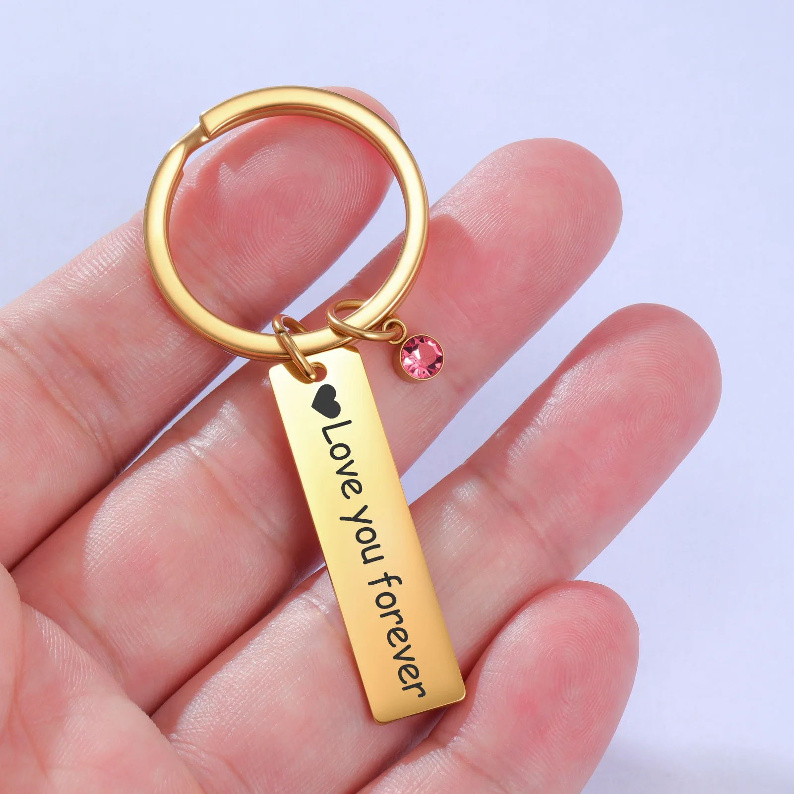Personalized Rectangle Keychain with Birthstone Engraved Logo Number Text Key Ring Customized Jewelry Birthday Family Gifts