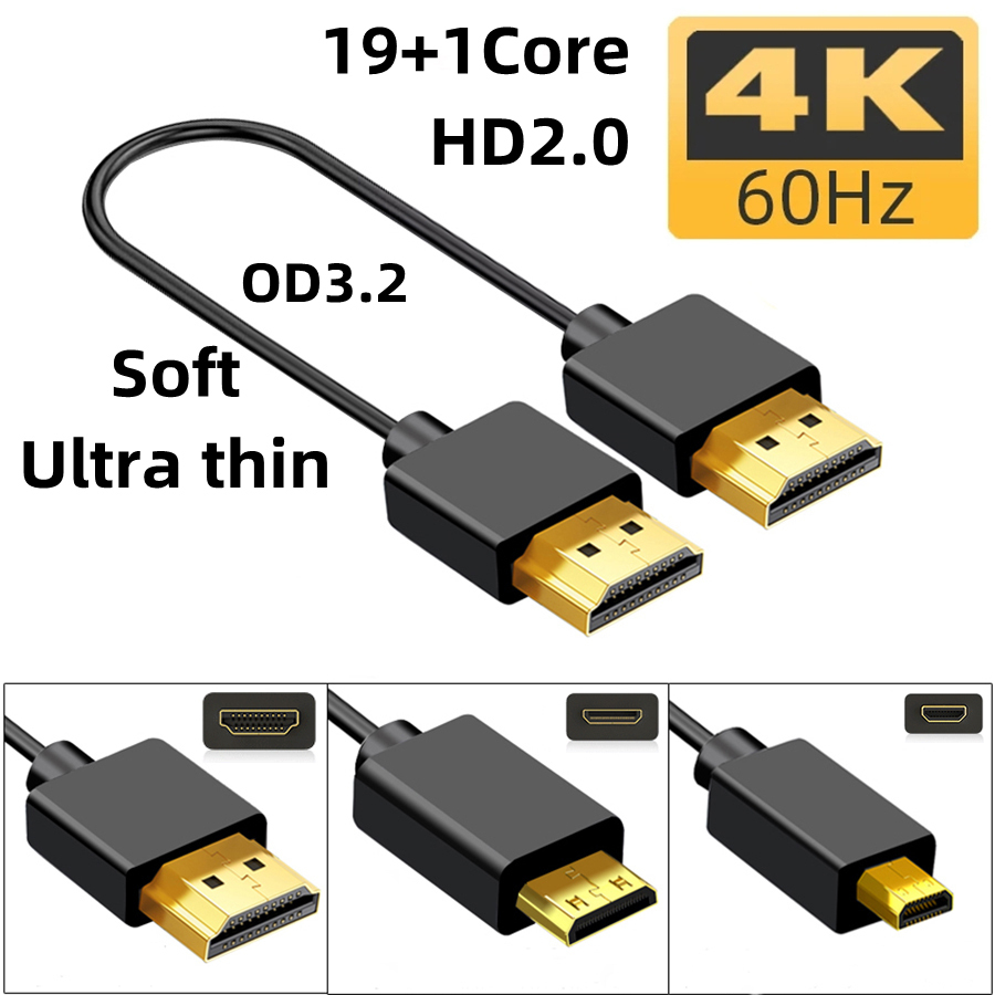  Nku 4K@60Hz HD2.0 19+1Core Mini-HD/Micro-HD Male to Male OD3.2 Ultra-thin High Speed Slim Cable for PC PS4 Camera Tablet HDTV 