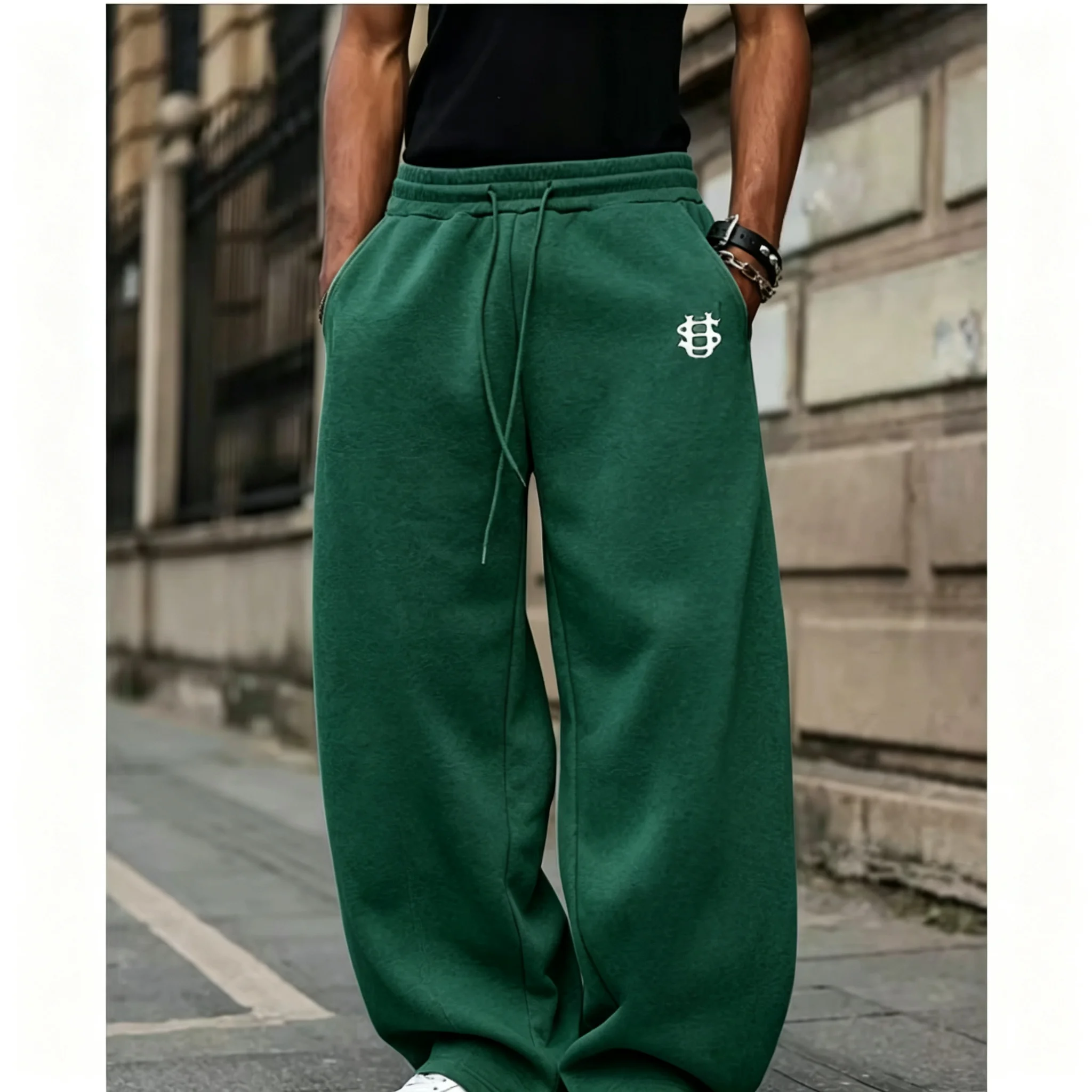 2026 Herren Streetwear Weitbeinige Jogginghose, Dollarzeichen-Stickerei, Lässige Sport-Langhose, Coole Modische Herbsthose, Ideal – Detail 5