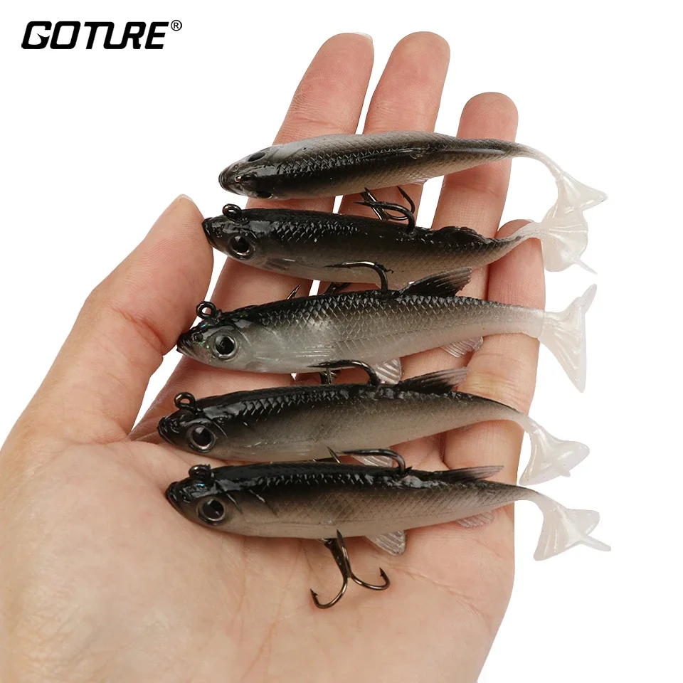 Goture 5pcs/set Soft Fishing Lure 8.5cm/13g Isca Artificial Lead Jig Head Soft Tail Fishing Wobbler Single Treble Hooks Tackle