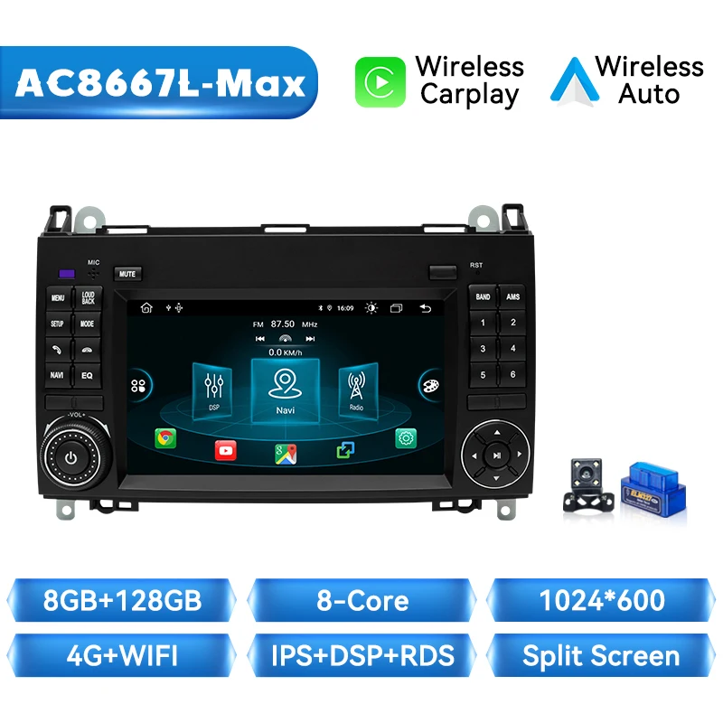 Draadloze Carplay Autoradio Speler Voor Mercedes Benz B200 Sprinter W906 W639 AB Klasse W169 W245 Viano Vito Android 14 GPS 4G Wifi