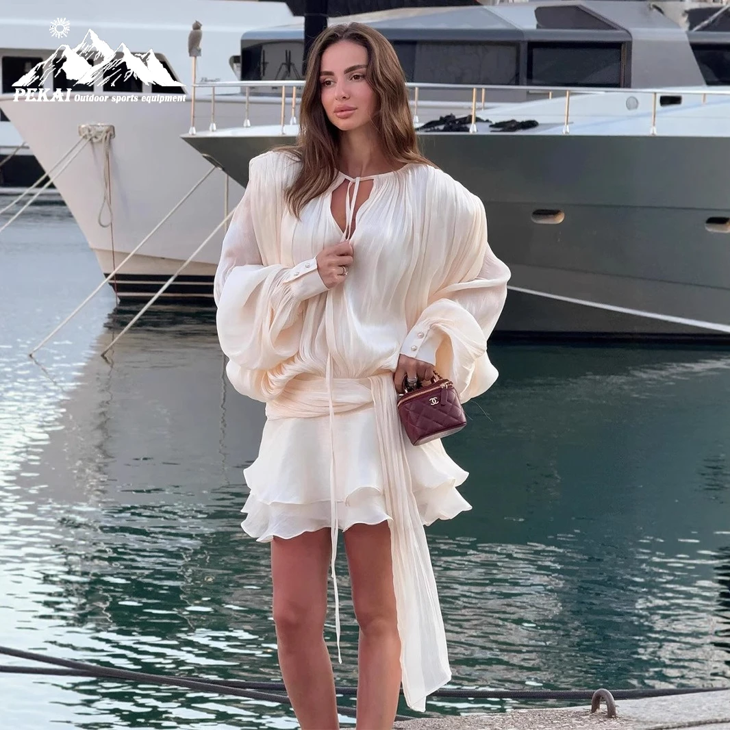 

Chiffon Long Sleeved Dress European and American Summer New Lantern Sleeve Lace Up Short Skirt Pleated Dress