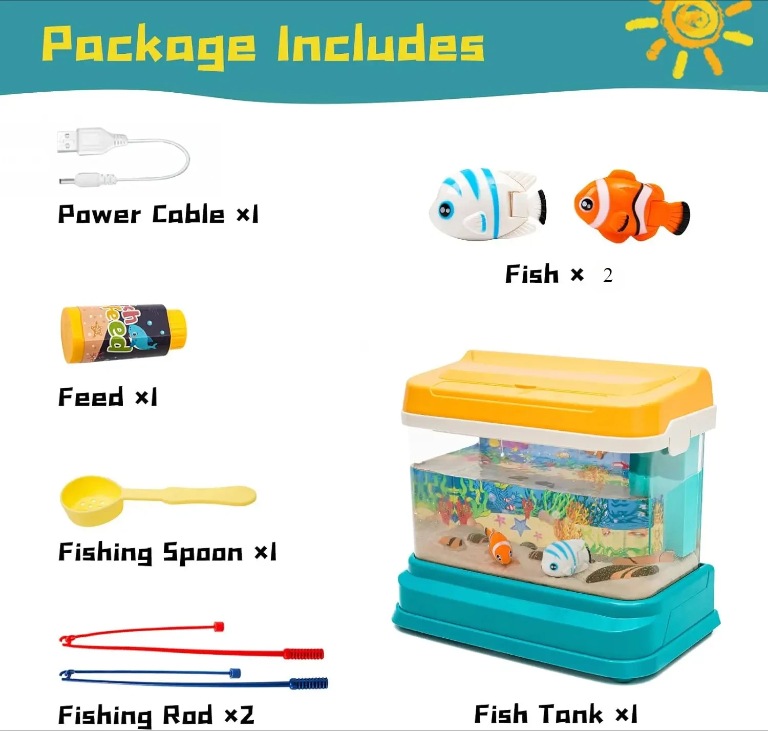 Mini acuario para niños, juguetes de pesca, pecera Artificial con peces móviles * 2 con luz USB y música, caña de pescar, cuchara de pesca