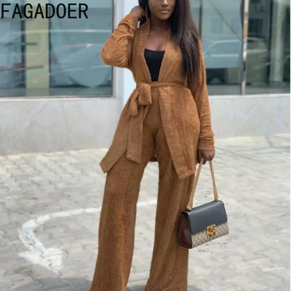 

FAGADOER Winter Fashion Lambhair Wide Leg Pants Two Piece Sets Women Long Sleeve Lace Up Cardigan And Pants Outfits Streetwear