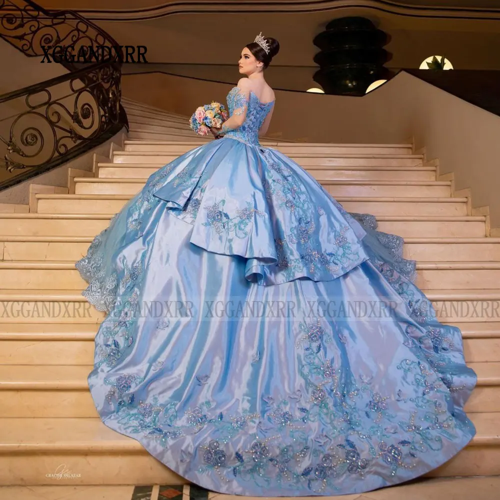 Vestido de quinceañera azul de lujo, traje de baile de capas con volantes, hombros descubiertos, fiesta de cumpleaños, 15, 16 años, 2024