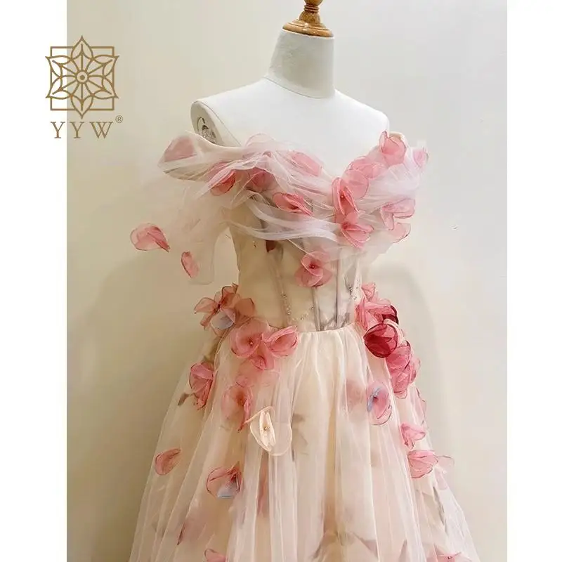 Floral Applique Women Fairy Evening Ball Gown Pink Mesh Tulle Evening Dresses Wedding Birthday Ceremony Prom Dress Off Shoulder