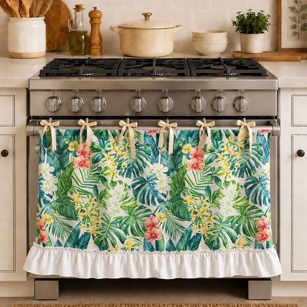 Boho Tropical Leaf Print Curtain with Bow Ties, Ruffle Bottom Semi-Blackout Window Curtain for Bedroom Living Room, 200g/m² Fabr
