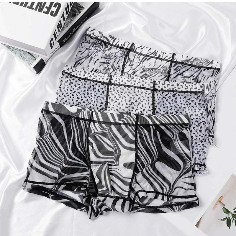 

Leopard Boxer Briefs Men Sexy Ice Silk Underwear Seamless Panties Ultra Thin Quick Drying Underpants Zebra Striped Knicker Short