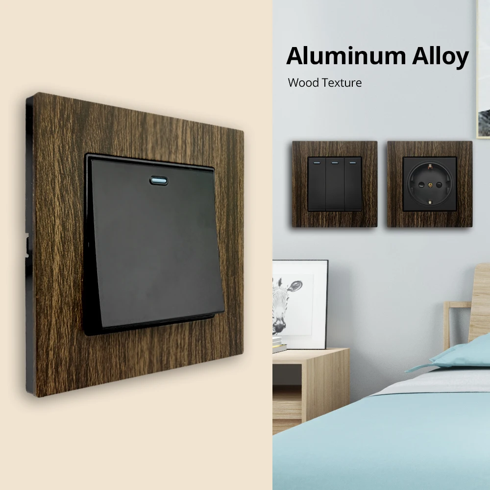 Wallpad-Panel de aleación de aluminio con textura de madera, enchufes e interruptores de la UE, atenuador LED de 1/2/3/4 entradas, 1/2 vías, 2 puertos USB de carga rápida, 220V