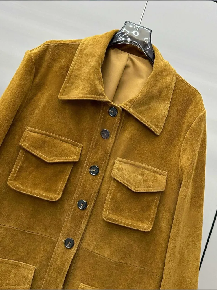 Alta qualidade camurça casaco de pele carneiro feminino único breasted médio longo primavera outono outerwear senhora harajuku jaqueta de couro genuíno