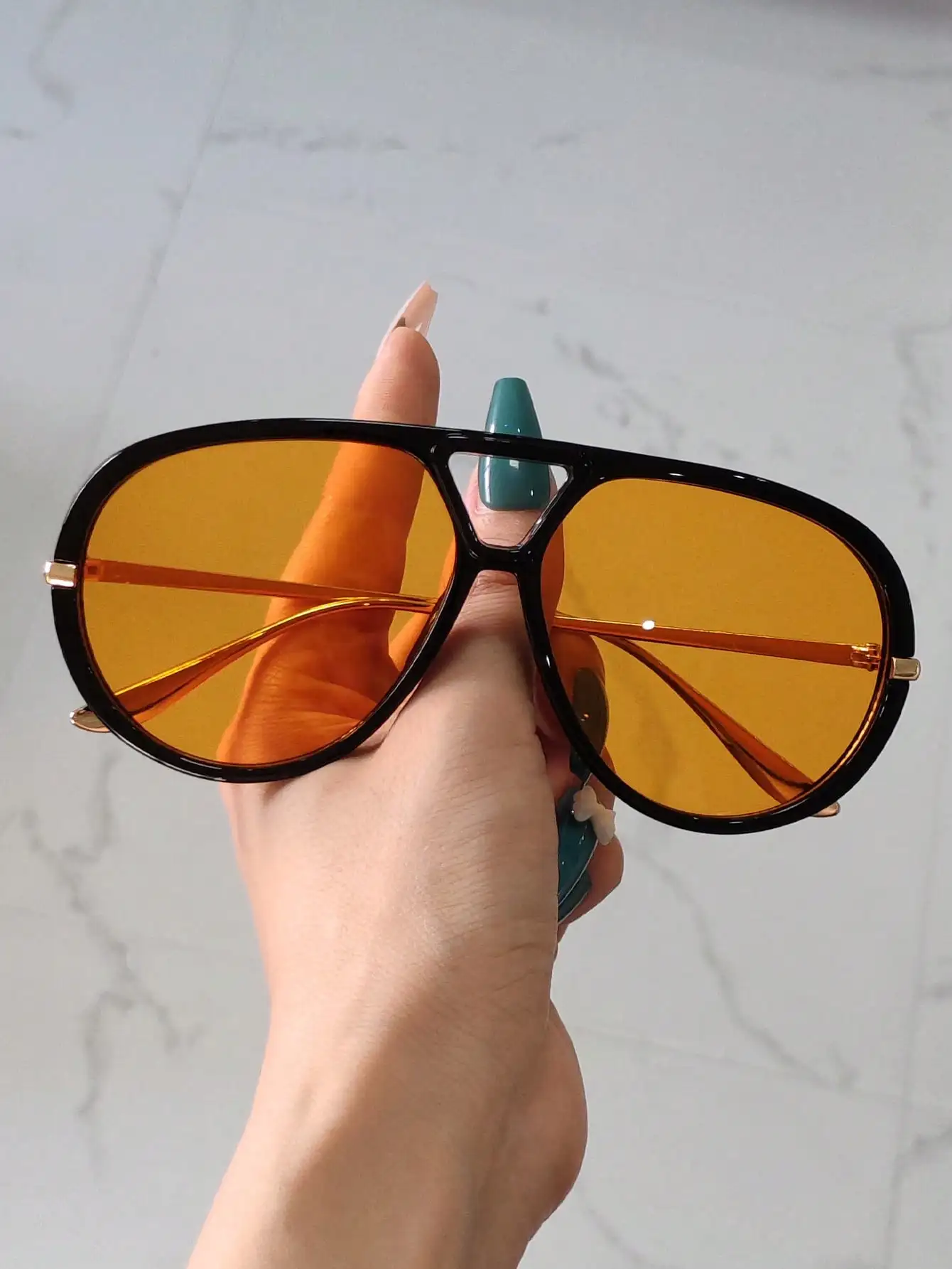 

Oversized Shield Pilot-Style Sunglasses with Amber Lens and Black Frame