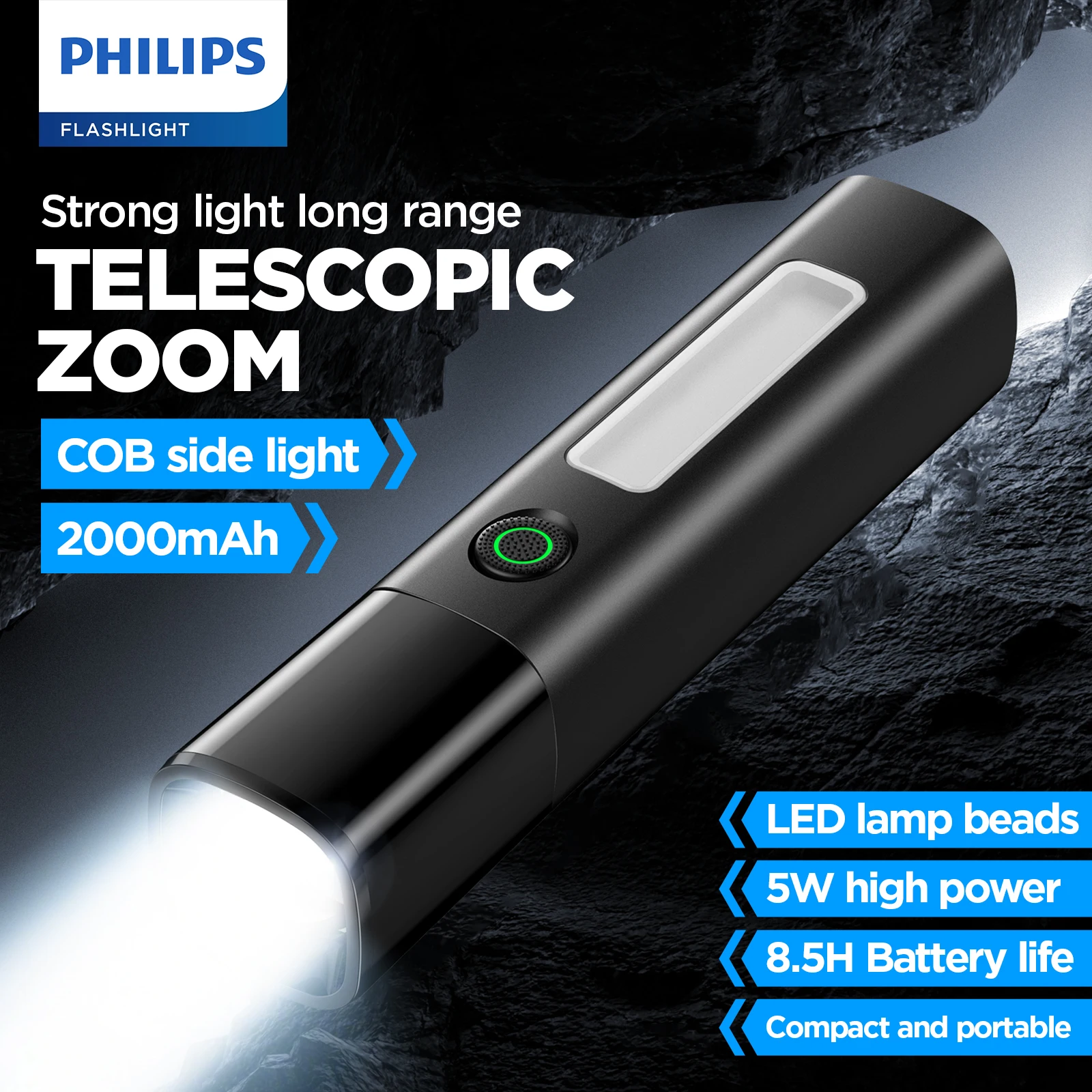 Linterna Philips SFL1151 con Zoom Telescópico y Luz Lateral COB, 2000mAh, 8.5H de Duración de Batería