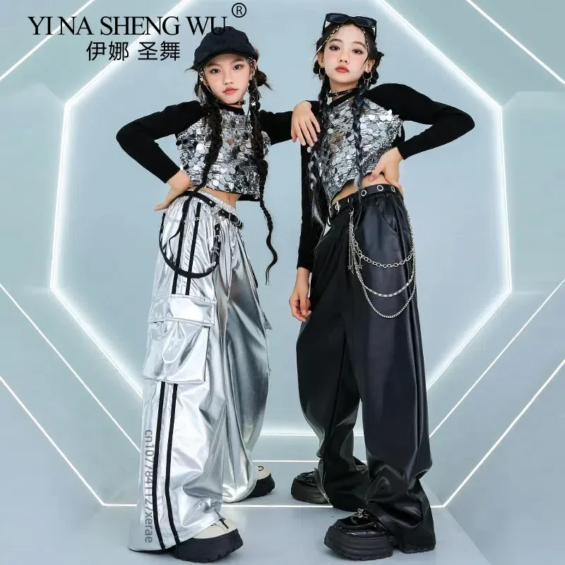 Costume de danse Jazz pour filles, ensemble à paillettes argentées et noires, tenue de spectacle de danse de rue, vêtements de fête de compétition de Ballet Hip Hop pour enfants