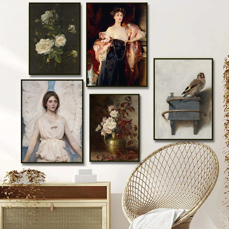 Vintage Woman Reading Scene Painting Gallery Bird Canvas Posters Antique Victorian Women Portrait Prints Country Wall Art Decor