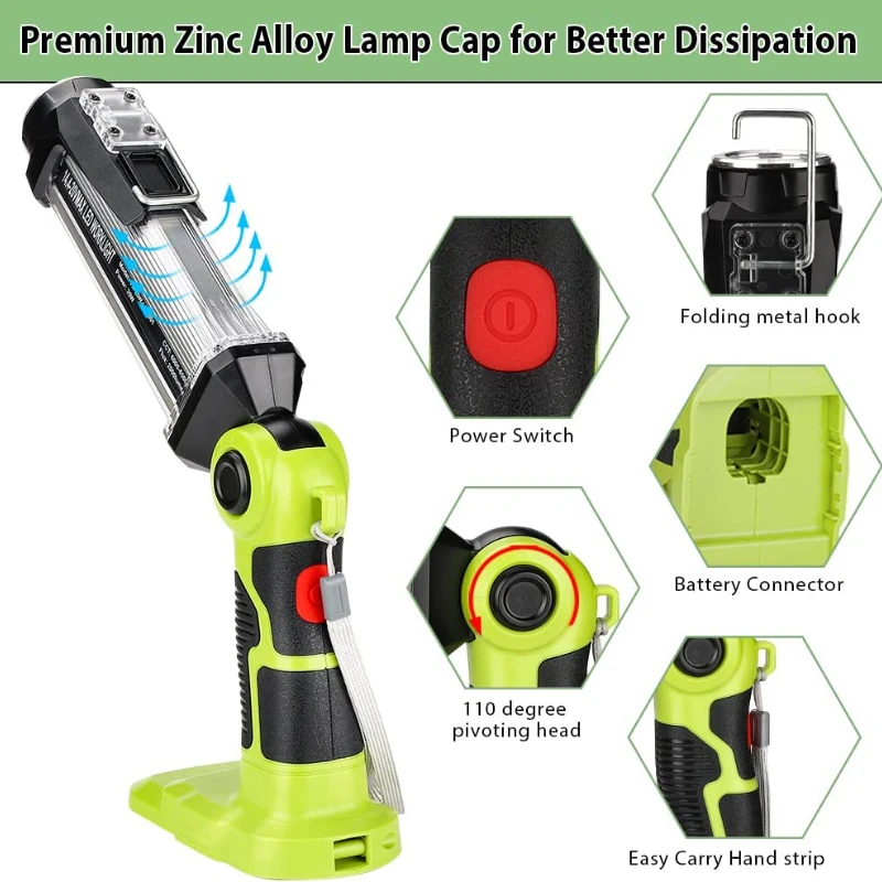 Cordless LED Work Light for Ryobi 14.4-18V ONE+ Plus Lithium Battery 2000LM Outdoor Wide Illumination Multifunction Flashlight