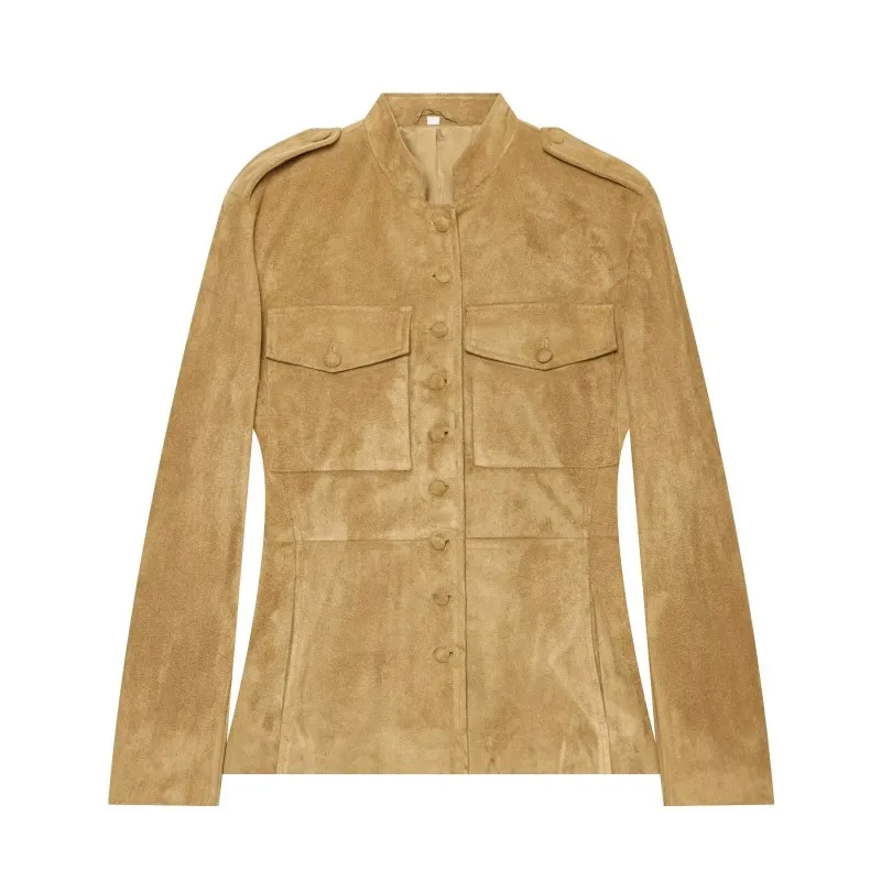 Women Vintage Workwear Jacket Stand Collar Flap Pocket Khaki Slim Fit Coat with Leather Buttons Autumn Winter Outerwear Tops