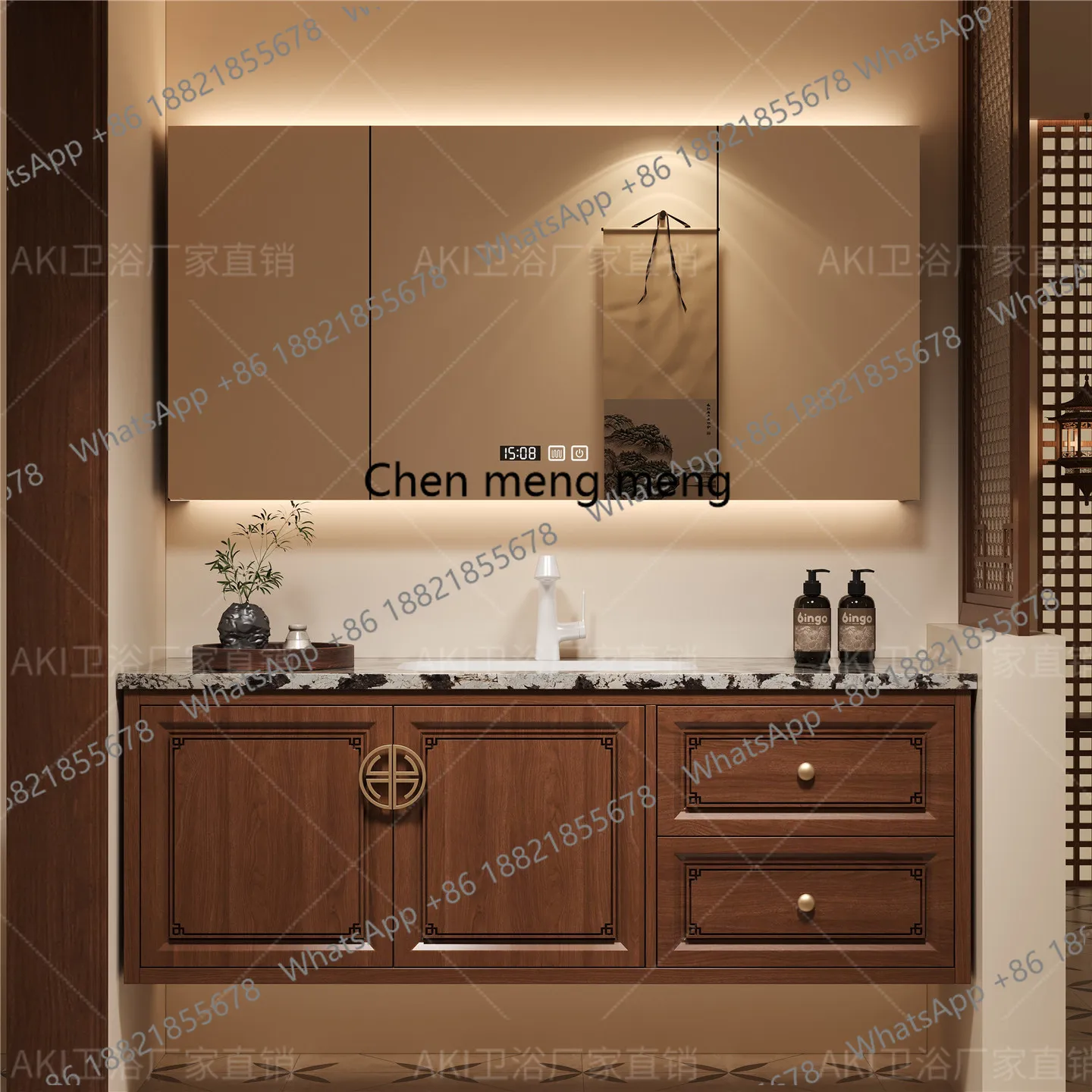 New Chinese light luxury, bathroom cabinet combination, bathroom luxury stone seamless washbasin