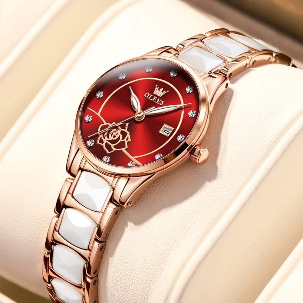 OLEVS Women's Watches Ceramic Strap Quartz Wristwatch Fashion Elegant Luxury Original Brands Camellia Dress Gifts Box For Ladies