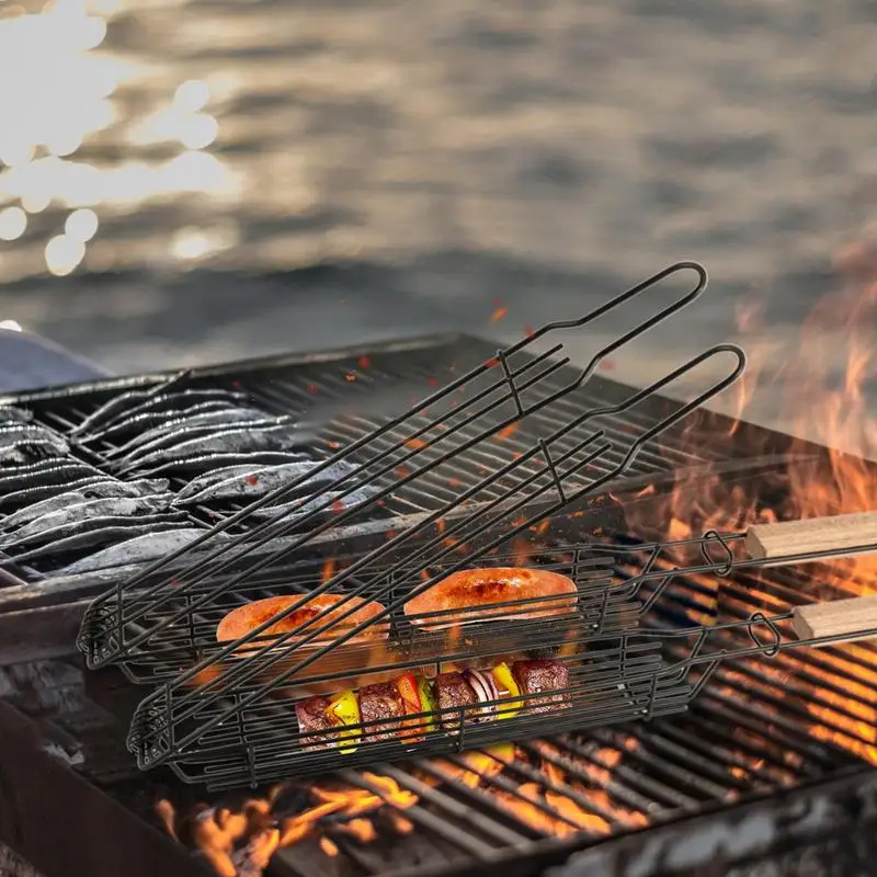 Portable Kabob BBQ Grilling Basket Stainless Steel Non-Stick Barbecue Grill Basket Camping Kabob Grill Rack Mesh Kitchen Tools