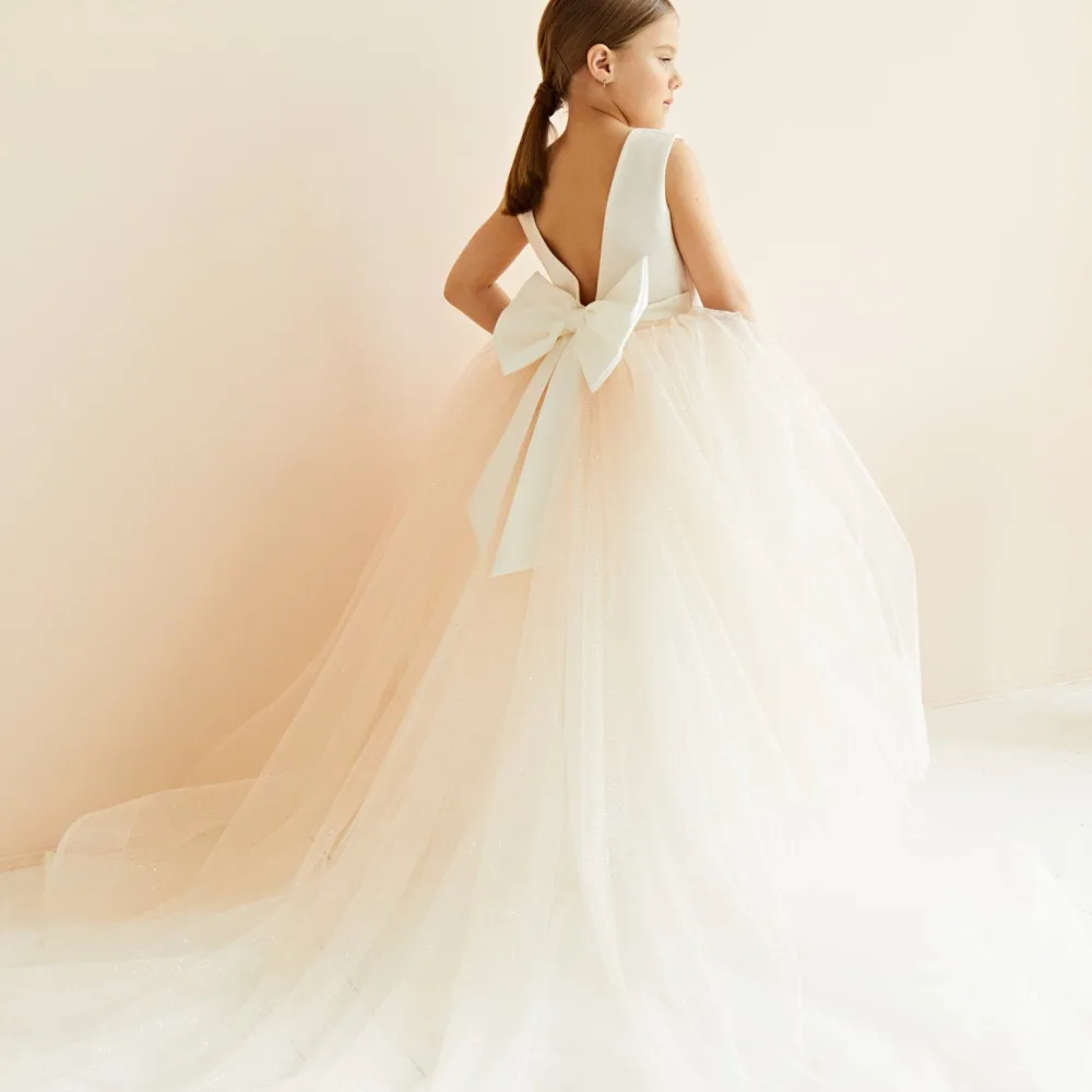 

Satin Puffy Flower Girl Dress With Big Bow Sleeveless Tulle Kids Birthday Party Princess Wedding Gown Pageant Prom Ball Wear