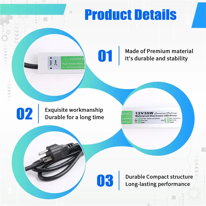 LLCS-LED Driver 12V Power Supply 30W, 90-250V AC To 12V DC 2.5A Converter, IP67 Waterproof , US Plug