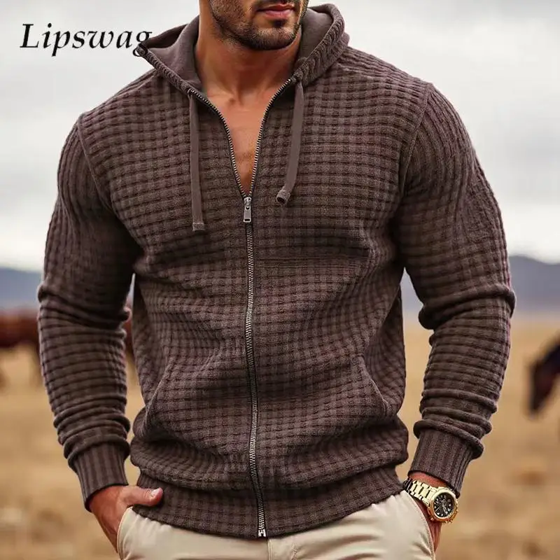 

Stylish Loose Cardigan Tops Men Autumn Daily Casual Plaid Texture Zip-up Hooded Jackets For Mens Vintage Long Sleeve Jacket Coat