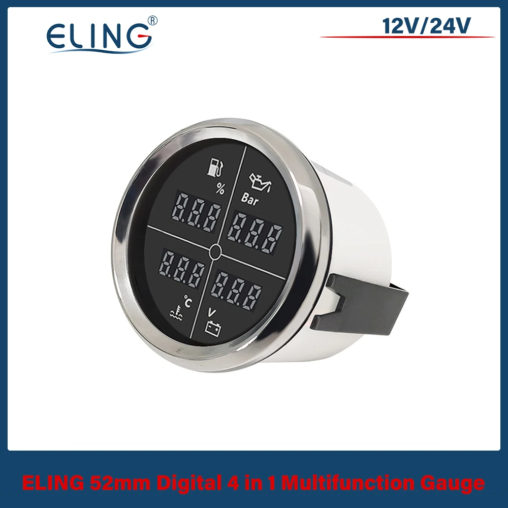 ELING Car Universal 52mm 85mm 4 in 1 مقياس متعدد الوظائف مع مستوى الوقود ضغط الزيت ودرجة حرارة الماء. الفولتميتر 8 ألوان الخلفية