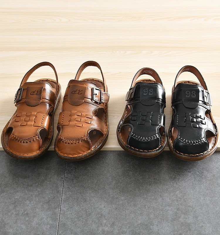 

Genuine Leather Oxford Sole Sandals Men's Spring Summer Beach Shoes Soft Slip-On Flat Heel Casual Sandals for Daily Wear