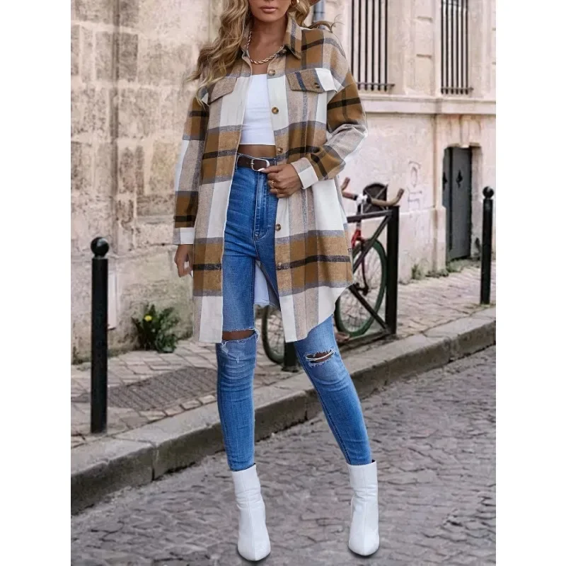 

Plus Size 1XL-5XL New Women's Summer Casual Fashion New Plaid Print Lapel Single Breasted Casual Shirt