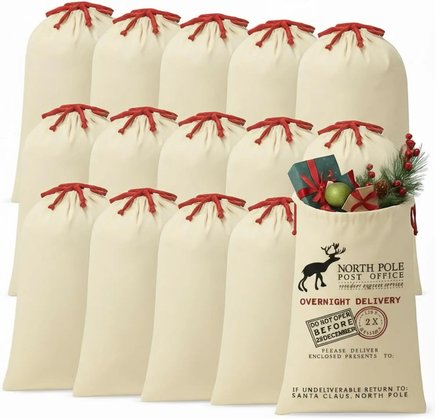 

15 упаковок сублимационных пустых рождественских мешков Санта-Клауса, больших многоразовых хлопковых холщовых мешков на шнурке 26,8 x 18,9 дюйма, пустые рождественские сумки