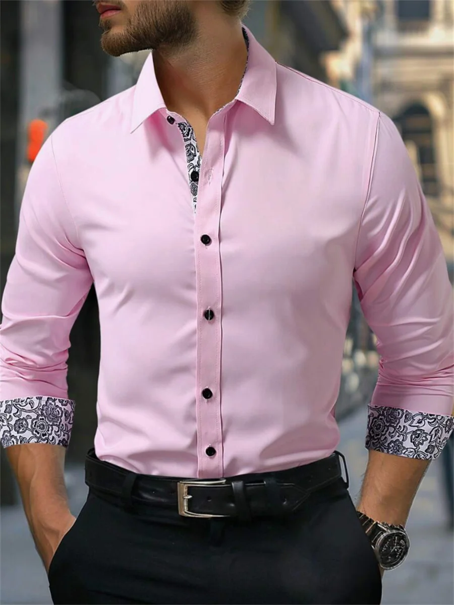 Men's long-sleeved casual shirt with new fashion design, solid color contrast color and elastic fabric for business and leisure