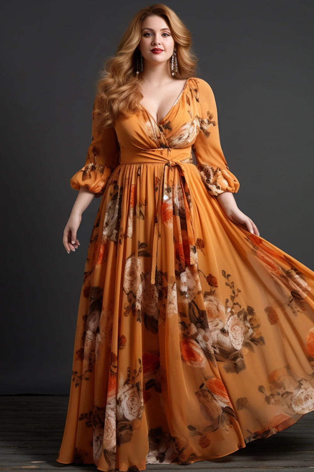 

Flycurvy Plus Size Wedding Guest Orange Chiffon Floral Print Wrap Lantern Sleeve Lace-Up Maxi Dress