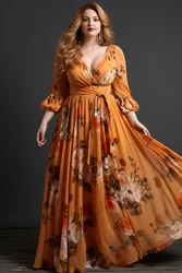 Flycurvy Plus Size Wedding Guest Orange Chiffon Floral Print Wrap Lantern Sleeve Lace-Up Maxi Dress