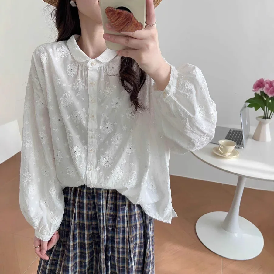 

Рубашка с длинным рукавом, новинка весны 2025, свежая вышитая рубашка, женственная, с маленьким воротником, свободный крой.