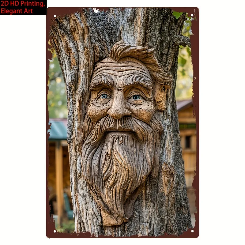 （2D Tin painting）20x30cm Metal Wall Art Tree Face with Beard Funny Metal Sign for Indoor Outdoor Home Office Man Cave Decor